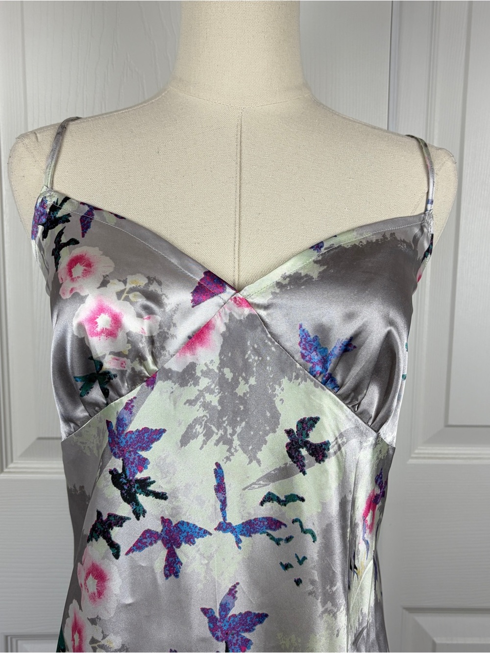 Silver Satin Floral Slip Dress with Pink & Blue Accents